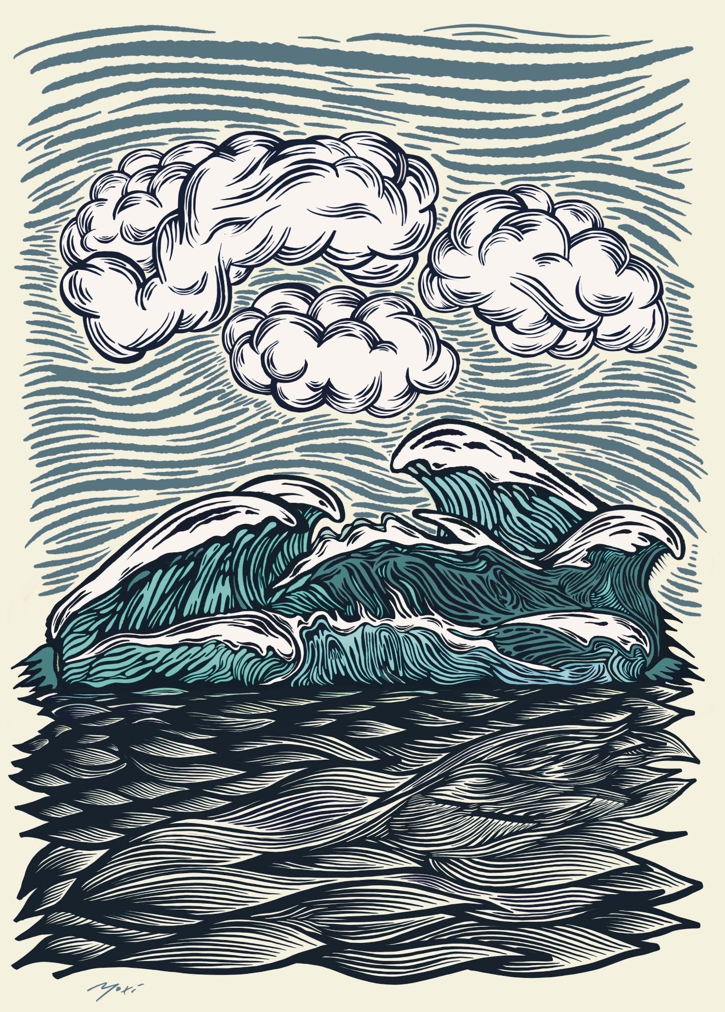 Ocean's Wave | Woodcut-style line art ocean print