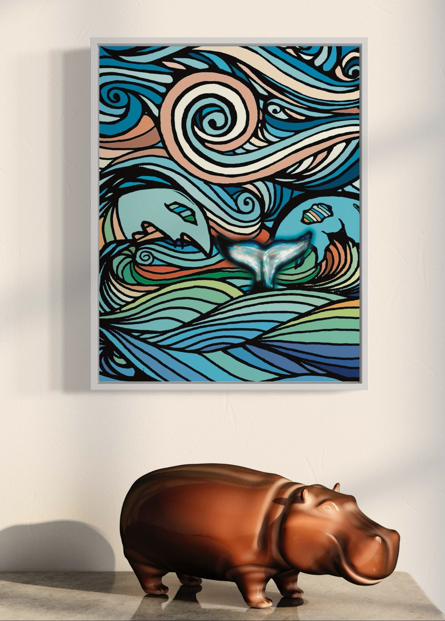 Ocean & Whale Tail Print | Colourful Ocean Print | Colourful Line Art