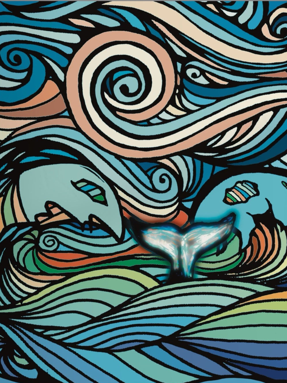 Ocean & Whale Tail Print | Colourful Ocean Print | Colourful Line Art