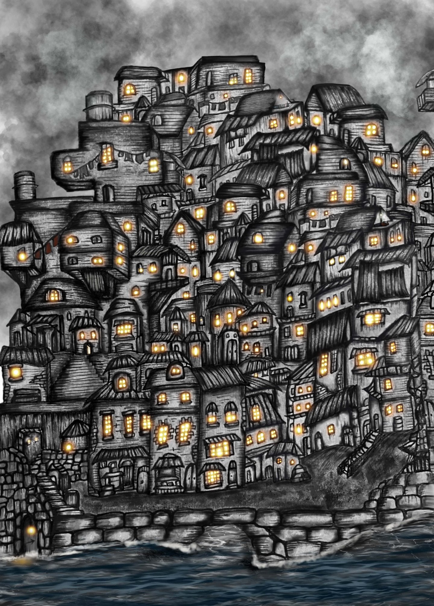 Village Lights || Line Art Print | Detail line work