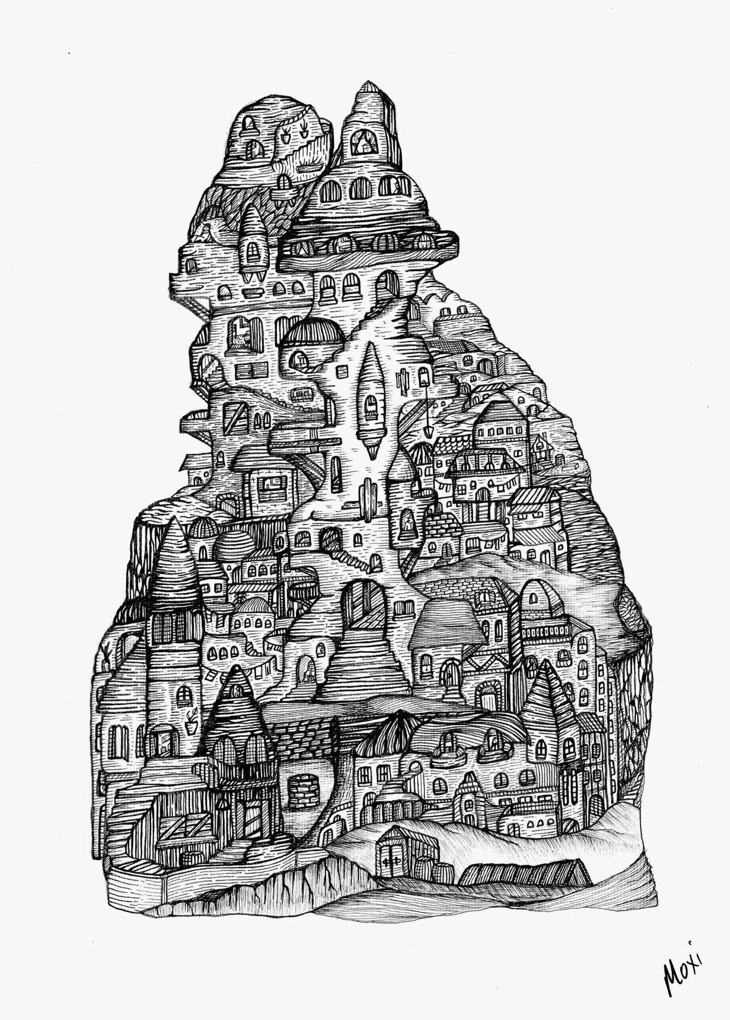 Philosopher On The Hill | Line Art Print | Detailed Village Illustration