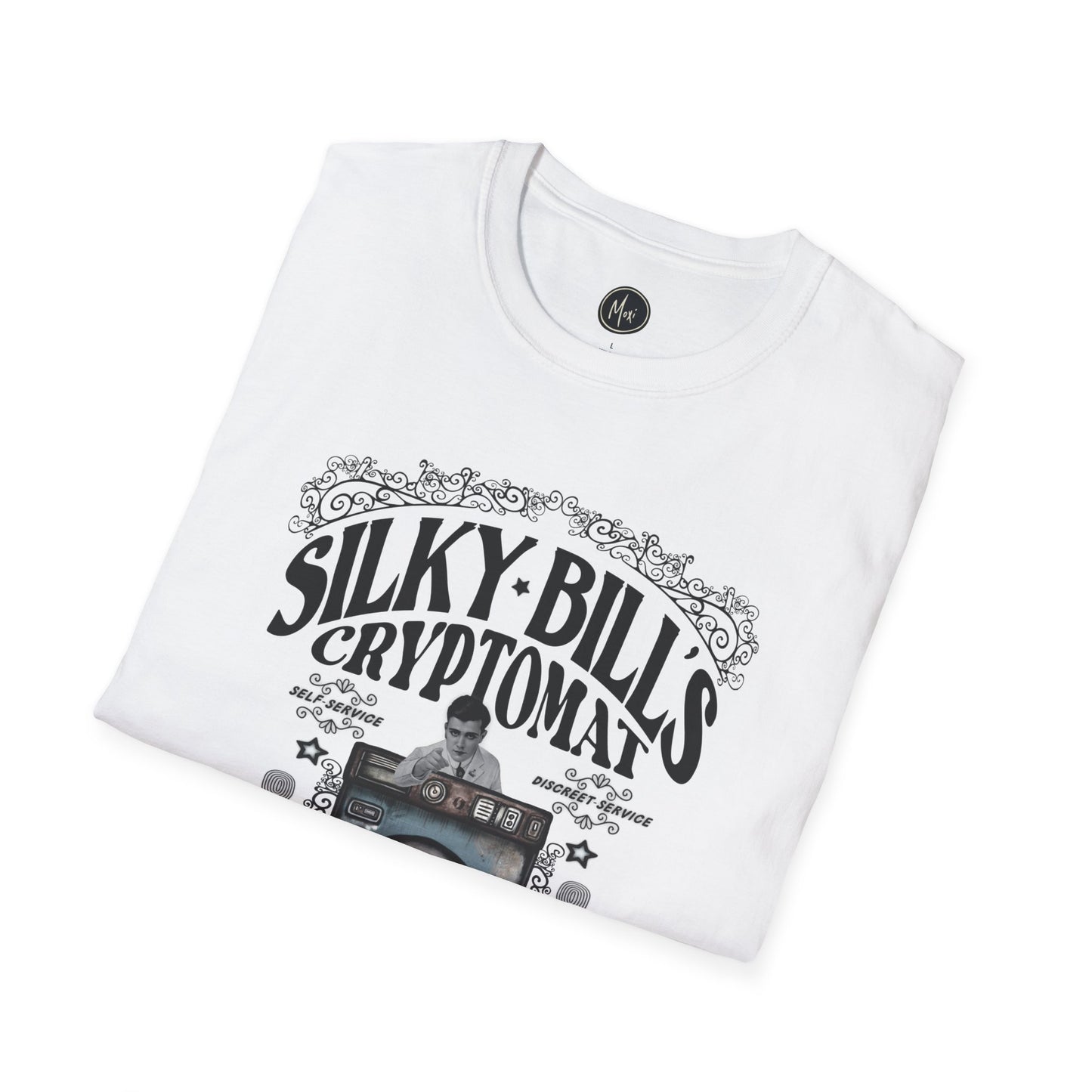 Silky Bill's Cryptomat | Retro Style Crypto Hand-drawn printed t-shirt