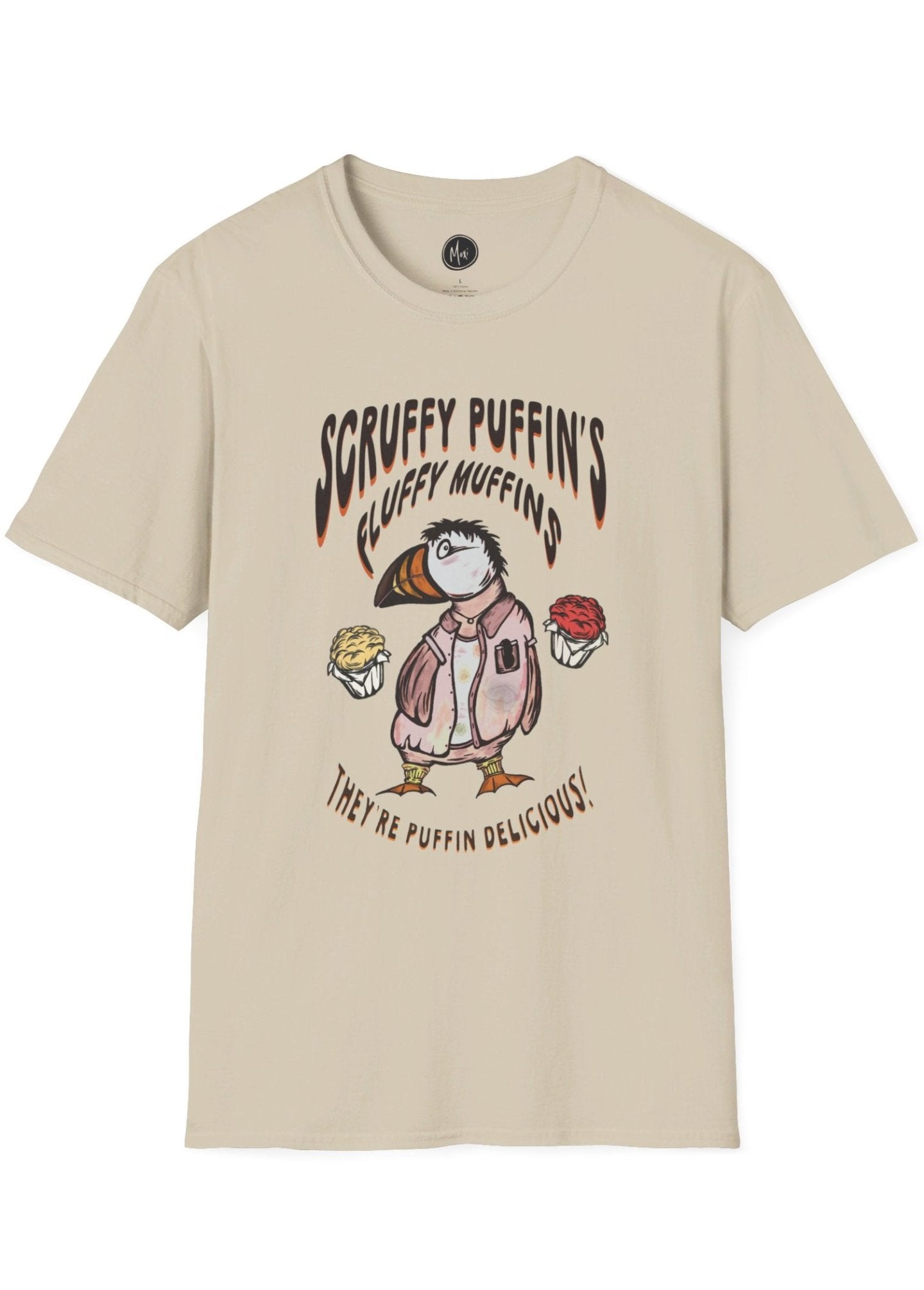 Scruffy Puffin's Fluffy Muffins |  Hand-drawn retro brand printed tee