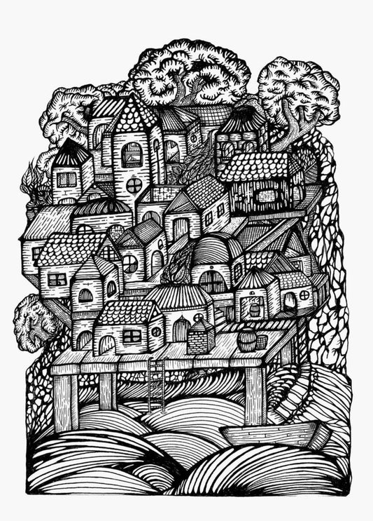 Boho Village | Woodcut-Style Village Illustration