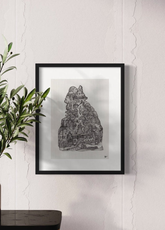 Philosopher On The Hill | Line Art Print | Detailed Village Illustration