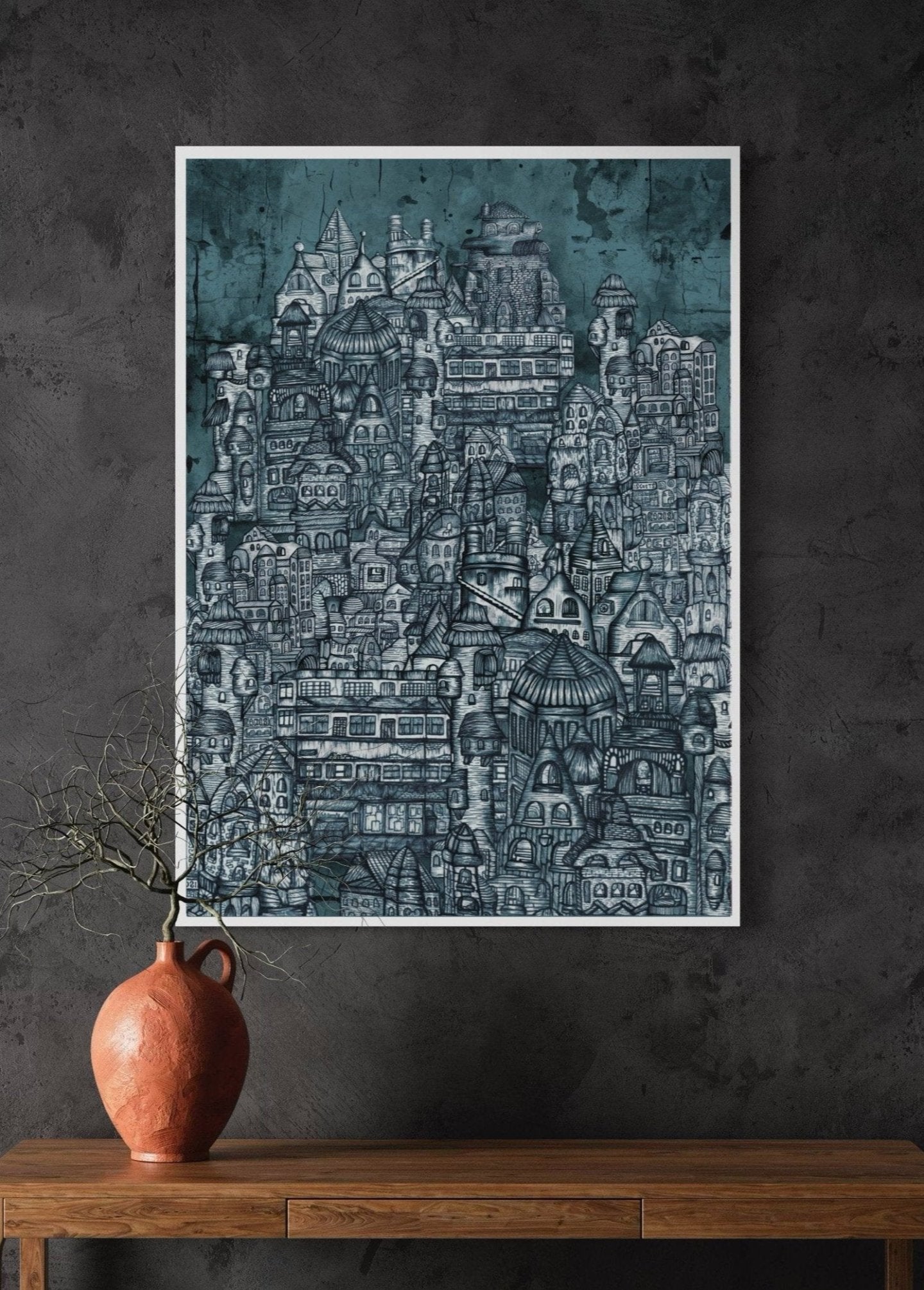 The City | Detailed Fine Line Print | Grey & Blue Shade