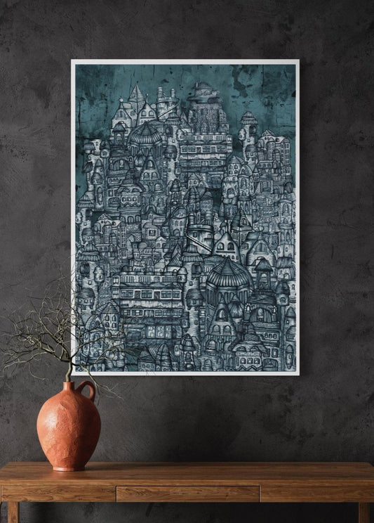 The City | Detailed Fine Line Print | Grey & Blue Shade