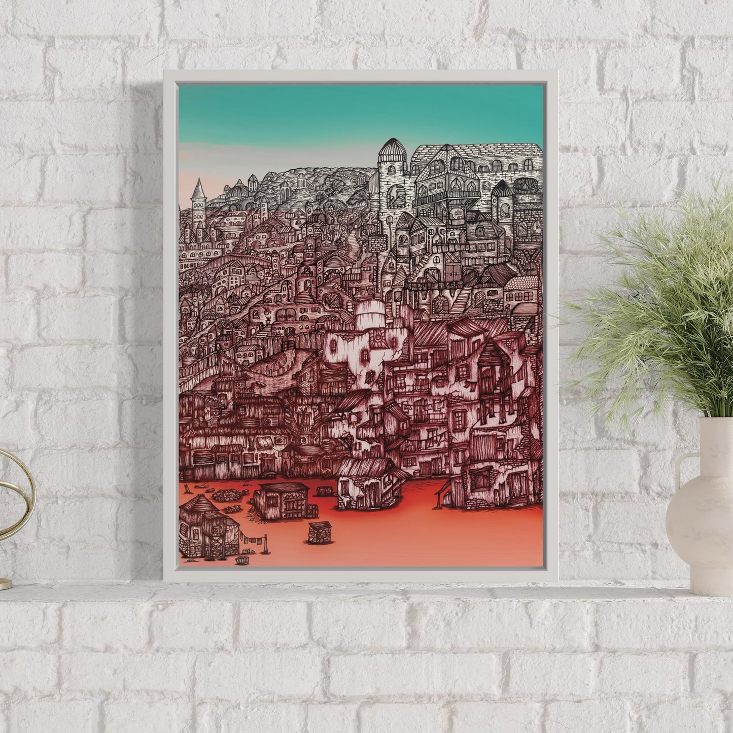 Red Town | Detailed Line Art Print | Coloured Line Art | Urban Sketch