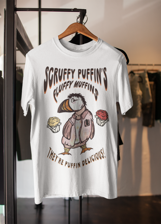 Scruffy Puffin's Fluffy Muffins |  Hand-drawn retro brand printed tee