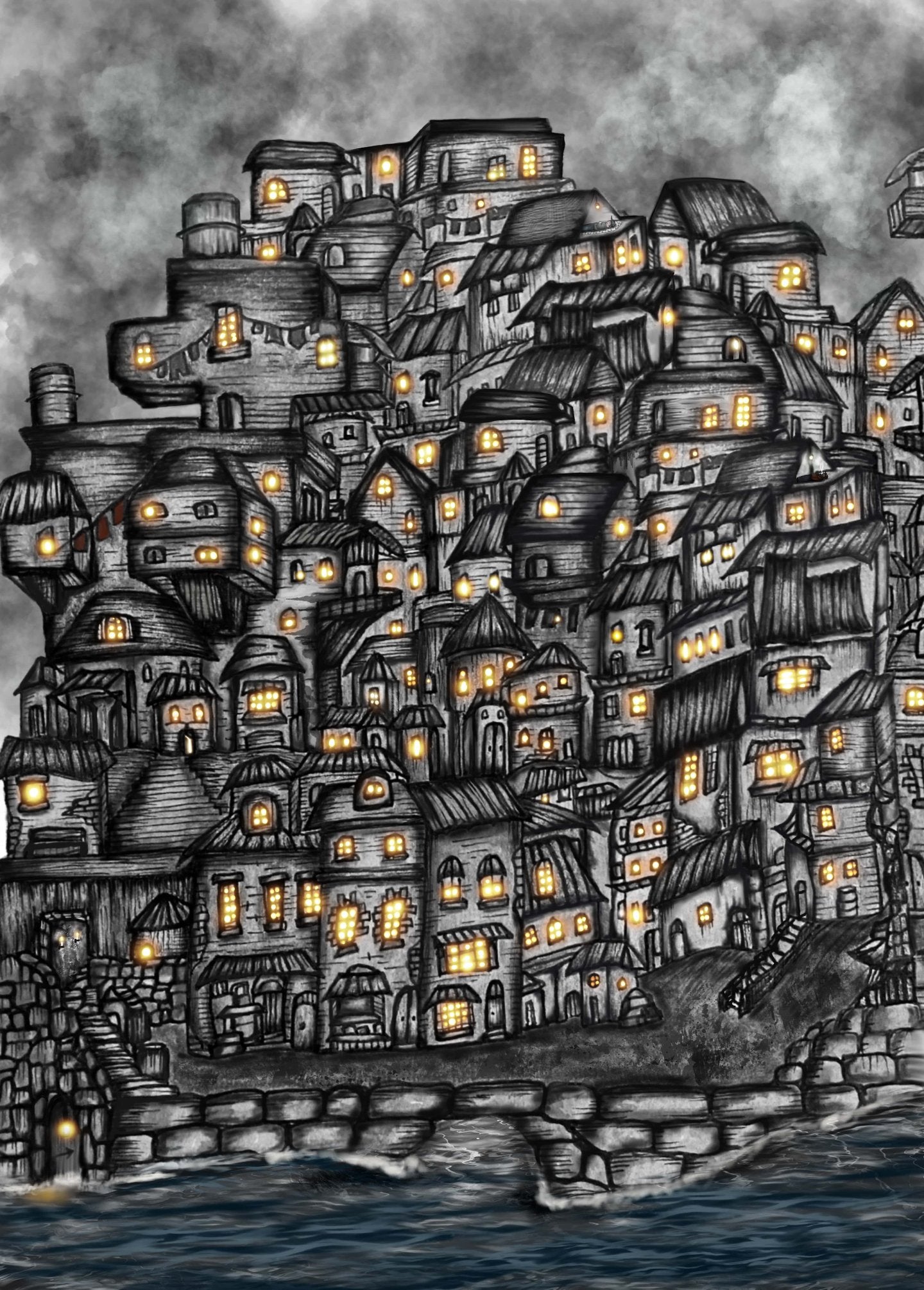 Village Lights | Line Art Print | Detail line work