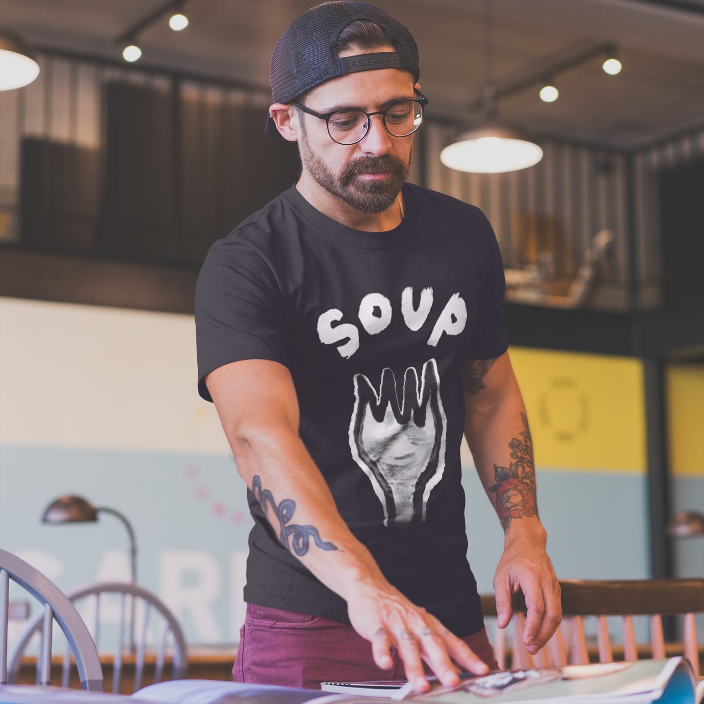 A Man With A Fork In A World Of Soup Tee | Hand-drawn printed t-shirt