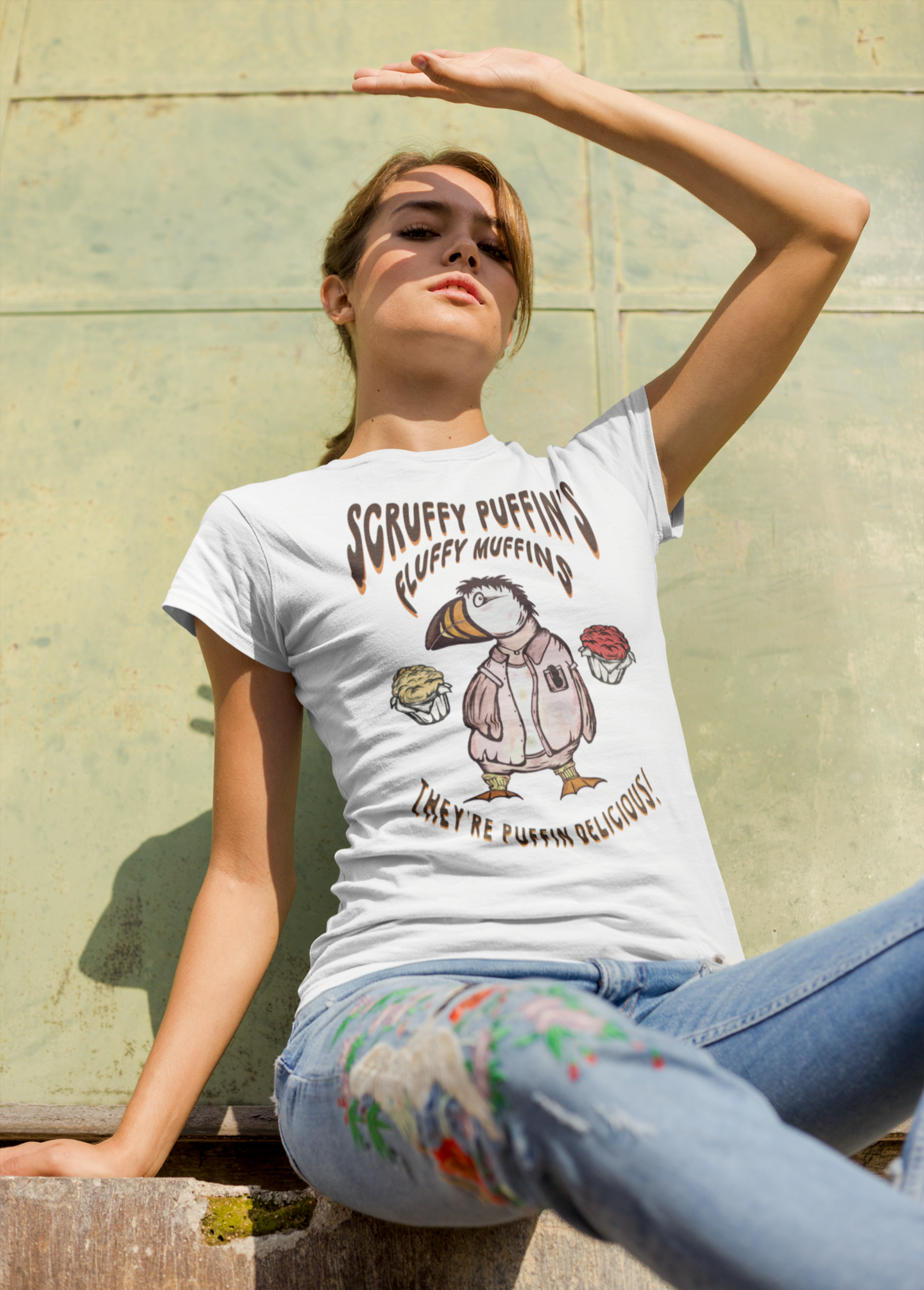 Scruffy Puffin's Fluffy Muffins |  Hand-drawn retro brand printed tee