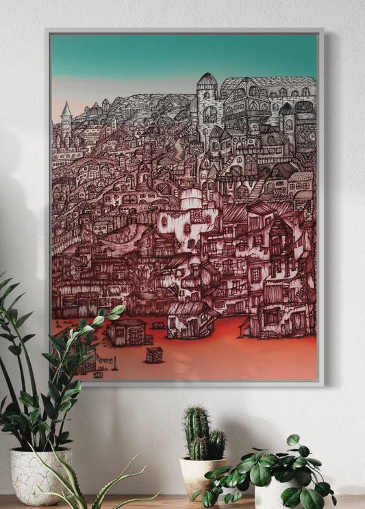 Red Town | Detailed Line Art Print | Coloured Line Art | Urban Sketch