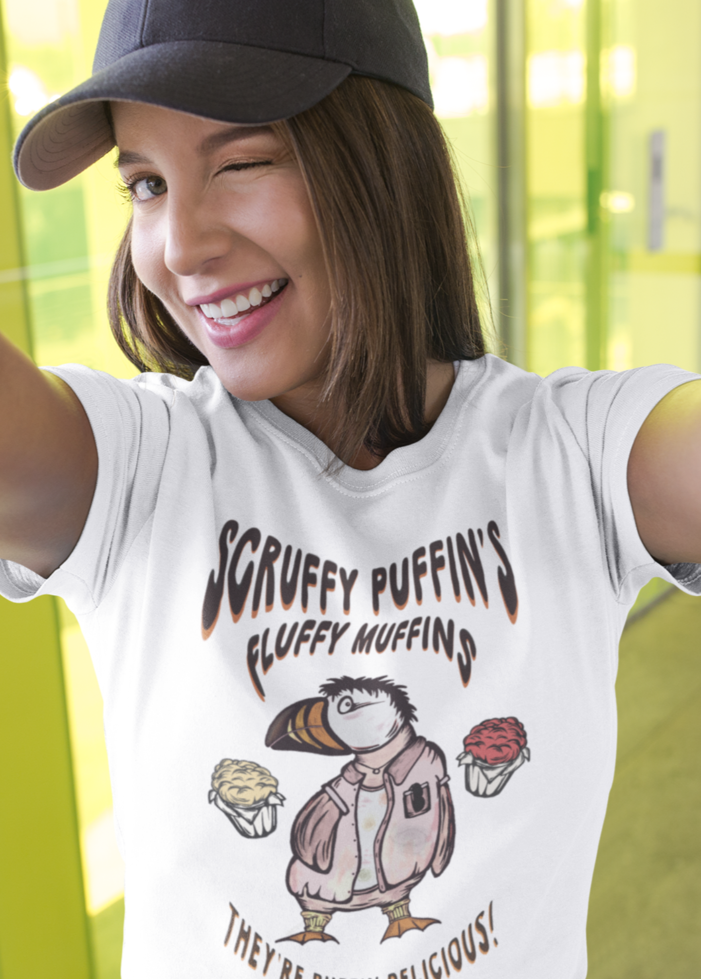 Scruffy Puffin's Fluffy Muffins |  Hand-drawn retro brand printed tee