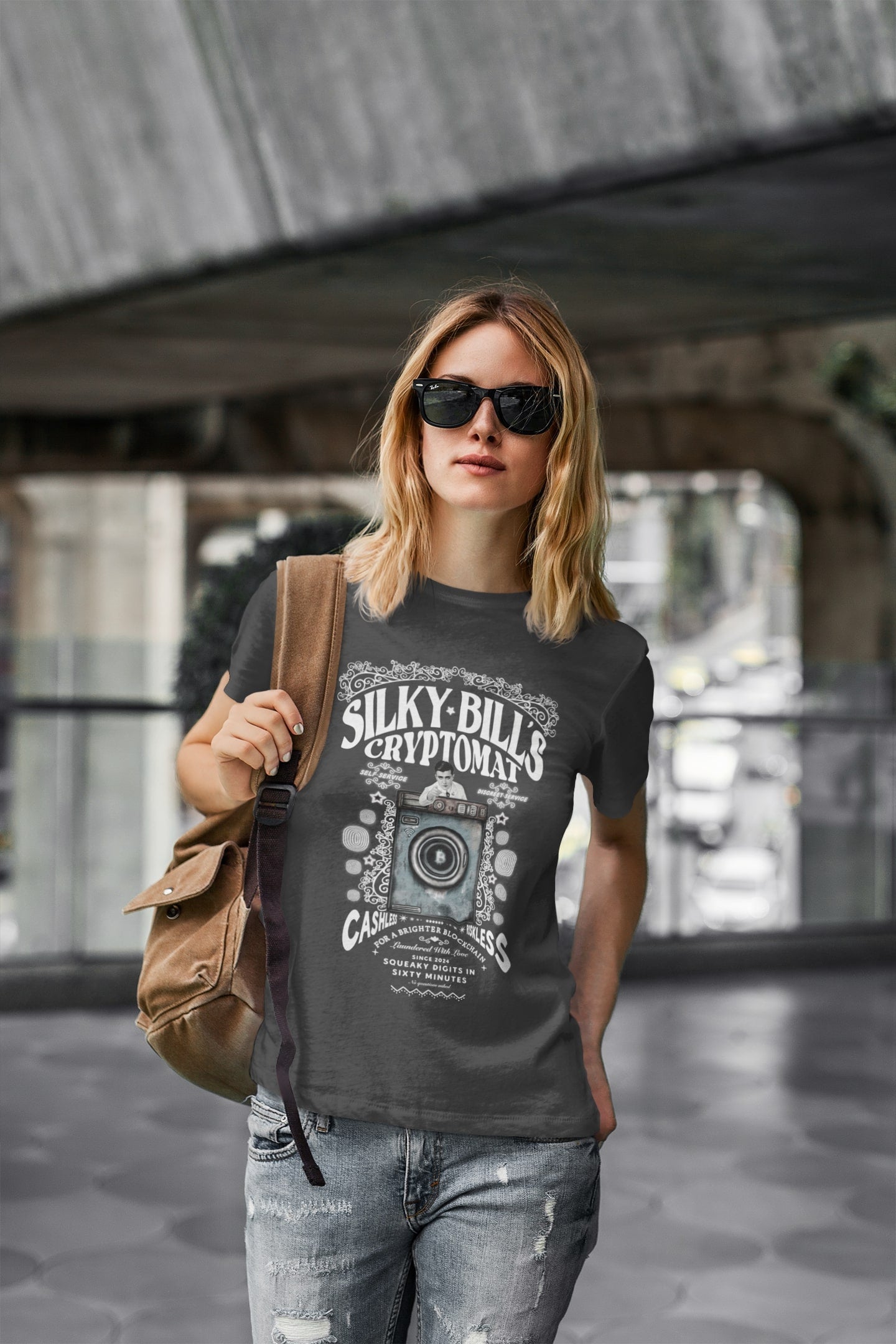 Silky Bill's Cryptomat | Retro Style Crypto Hand-drawn printed t-shirt