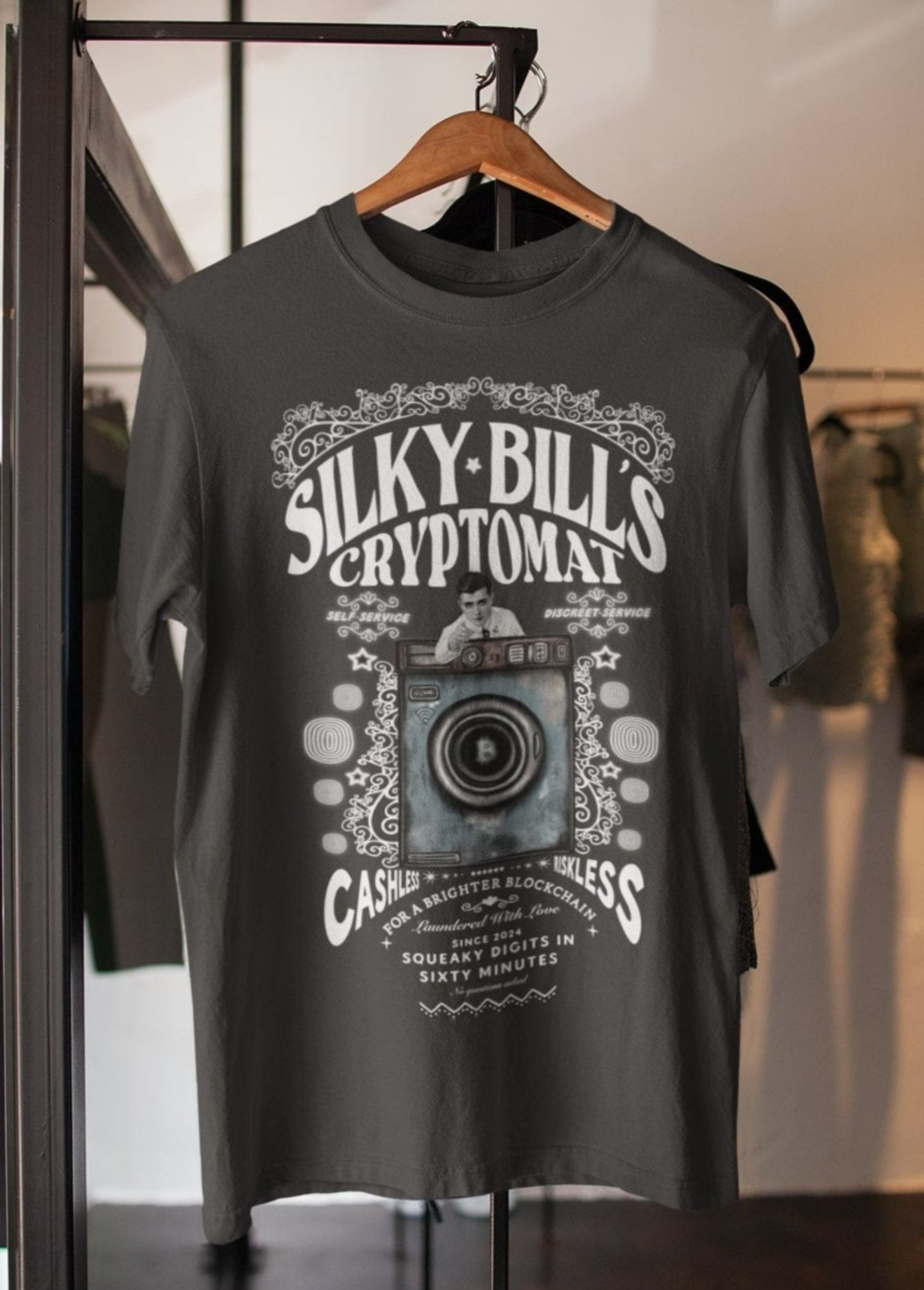 Silky Bill's Cryptomat | Retro Style Crypto Hand-drawn printed t-shirt