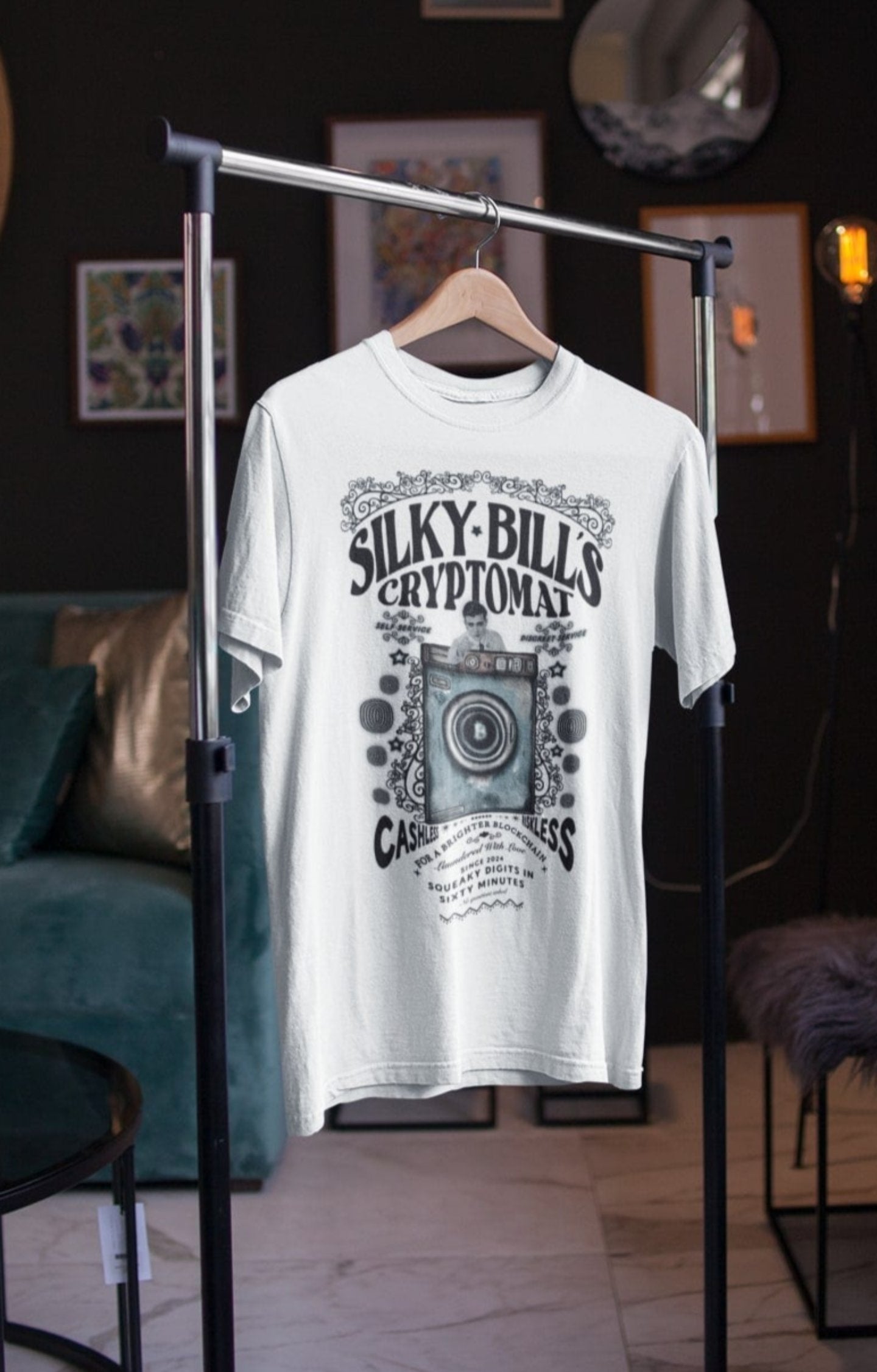 Silky Bill's Cryptomat | Retro Style Crypto Hand-drawn printed t-shirt